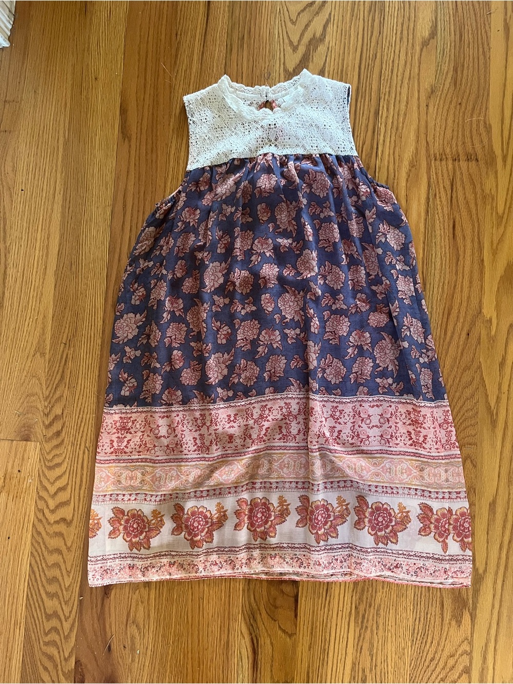 Women’s Boho Navy and Pink Floral Dress with Crochet Yoke
